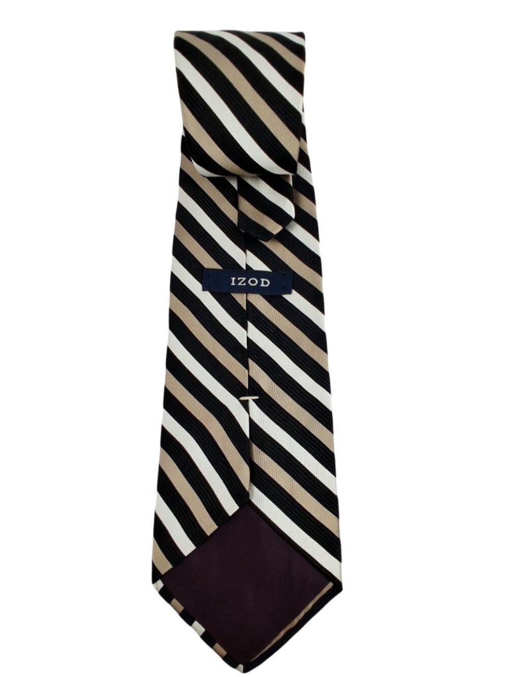 Izod Mens Striped 100% Silk Tie Black Beige White Diagonal Pattern 57" - Picture 2 of 6